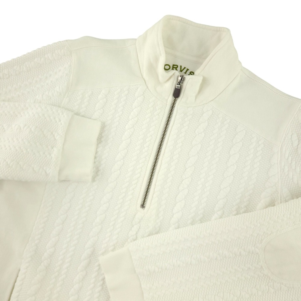 Orvis Sweater Womens L White Cable Knit Fleece 1/4 Zip Pullover Mock Neck